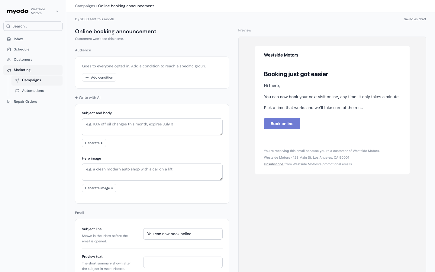 myodo campaign builder with an AI writing assistant and a live preview of the branded email customers receive