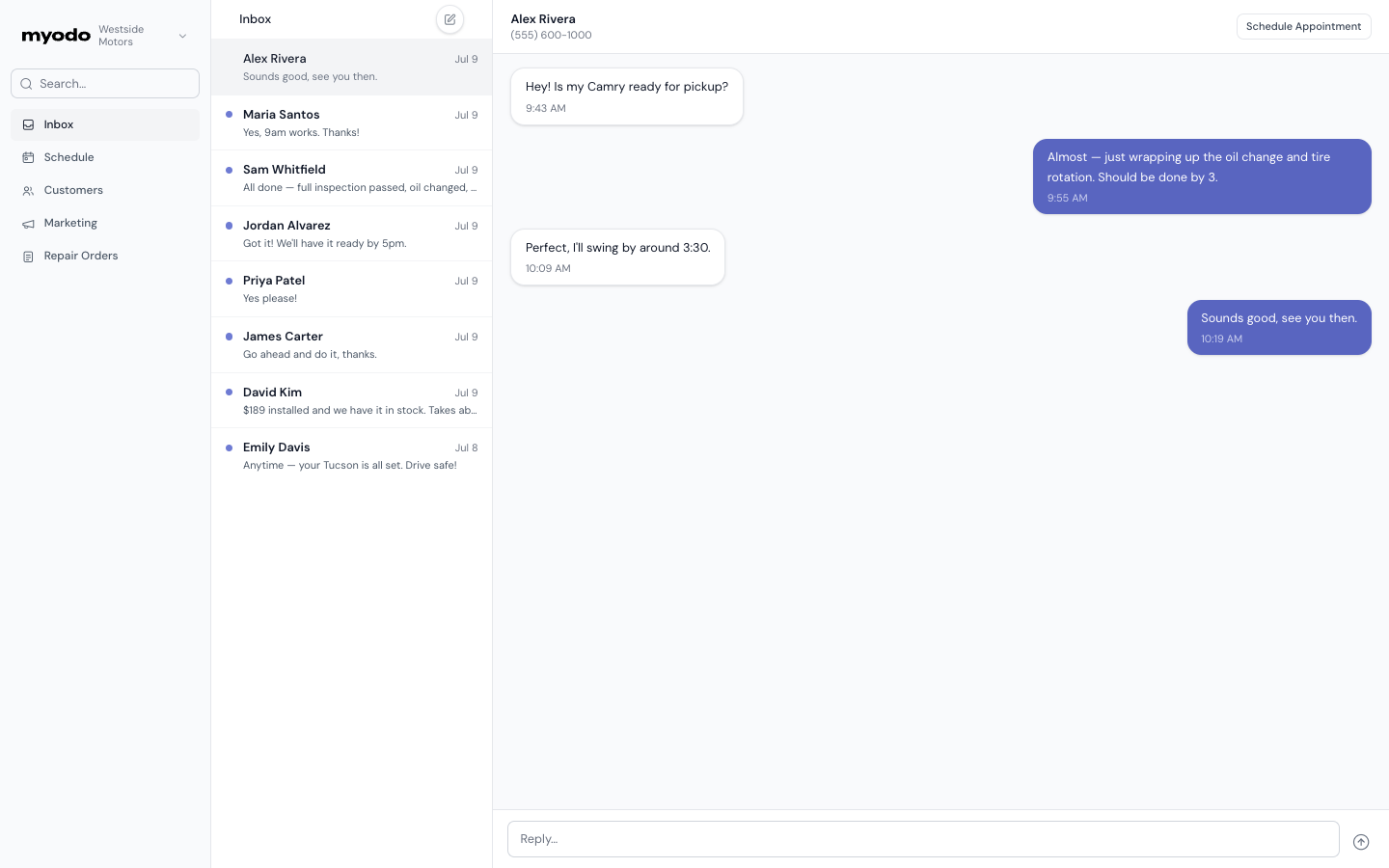myodo inbox showing a two-way text conversation with a customer about a routine service request